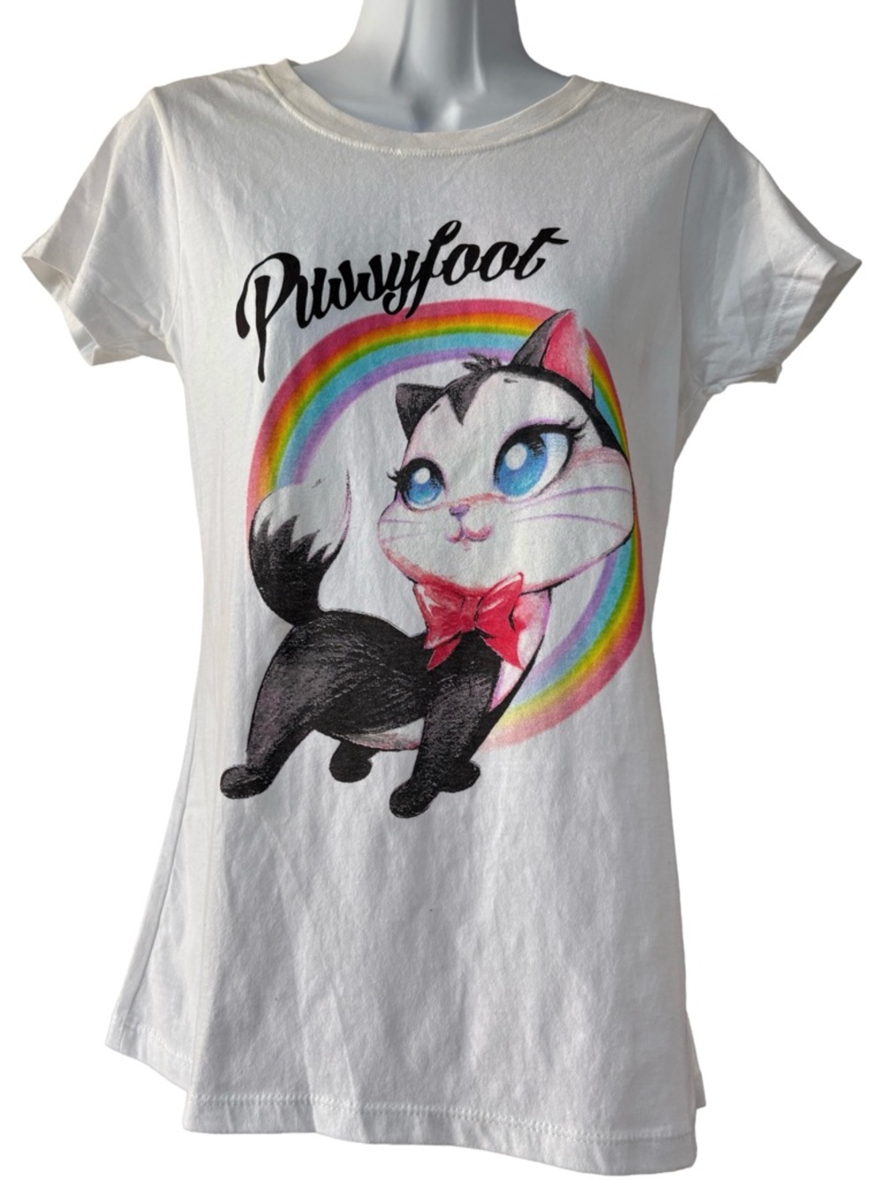 White Cat Graphic Tee with Rainbow - Pussyfoot character